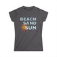 Gray t-shirt with 'Beach Sand Sun' text and sun graphic on a white background