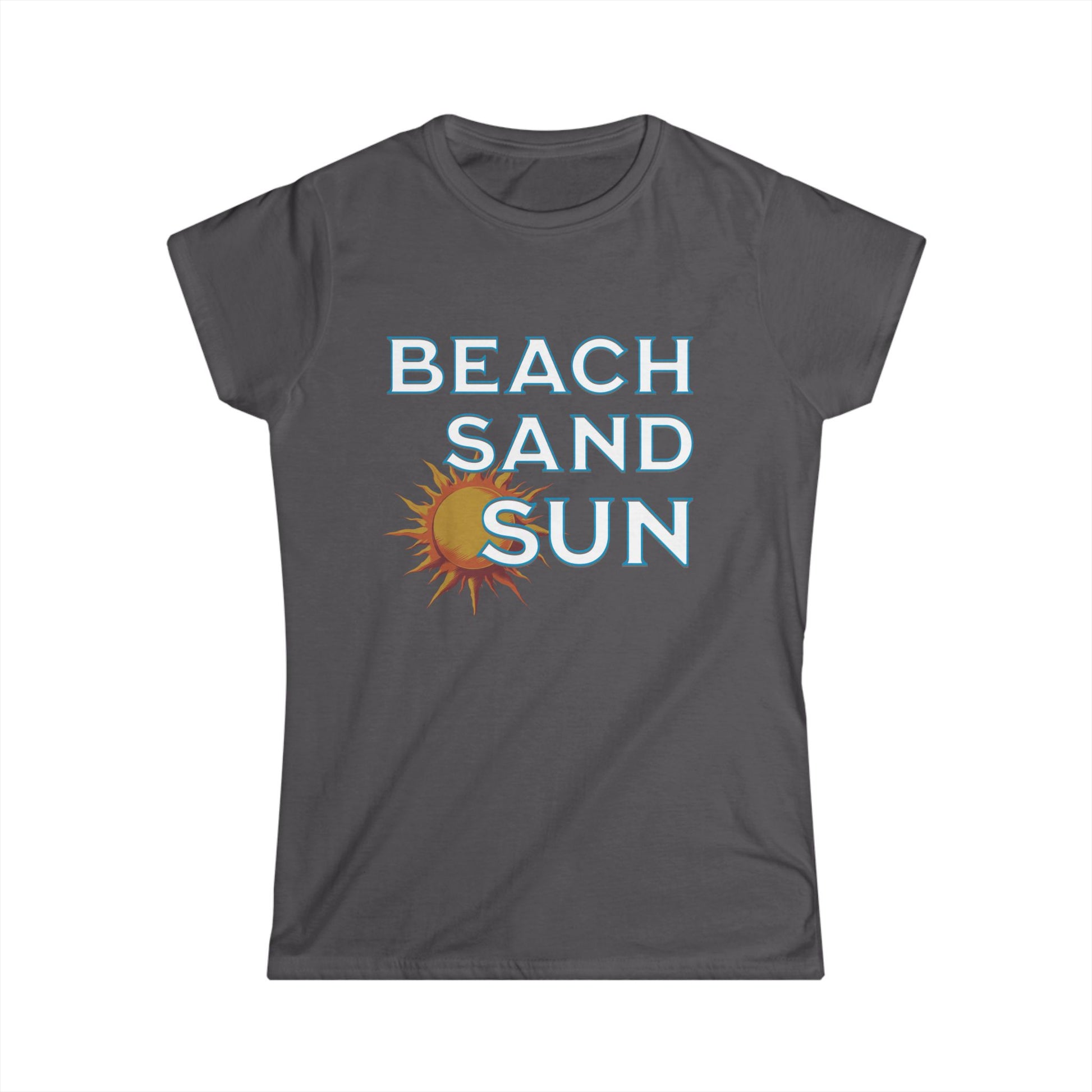 Gray t-shirt with 'Beach Sand Sun' text and sun graphic on a white background
