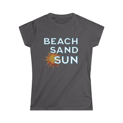Gray t-shirt with 'Beach Sand Sun' text and sun graphic on a white background