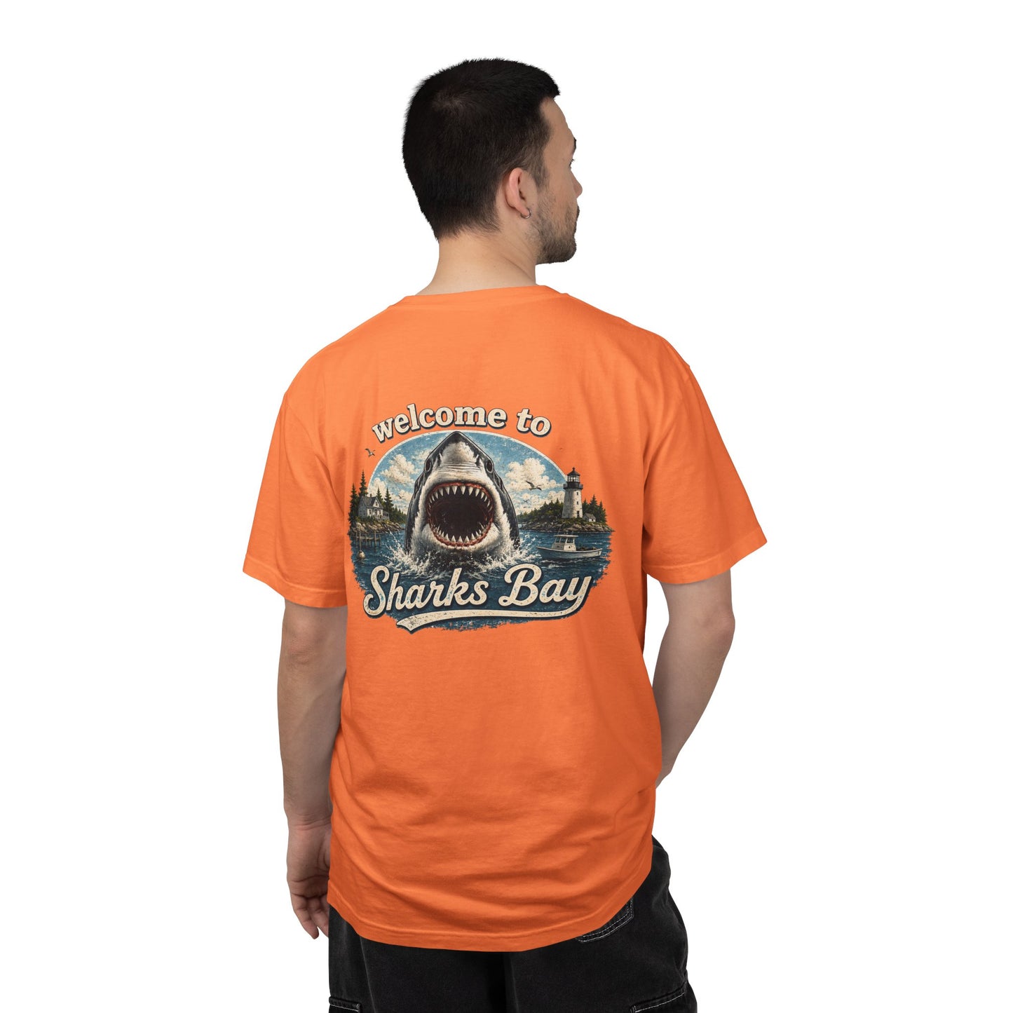 Sharks Bay T-Shirt — "Welcome to Sharks Bay" Vintage Shark Graphic Tee
