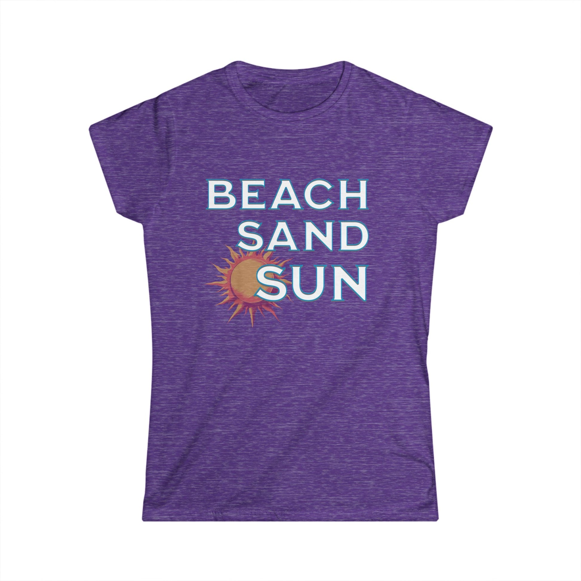 Purple t-shirt with 'Beach Sand Sun' text and sun graphic on a white background
