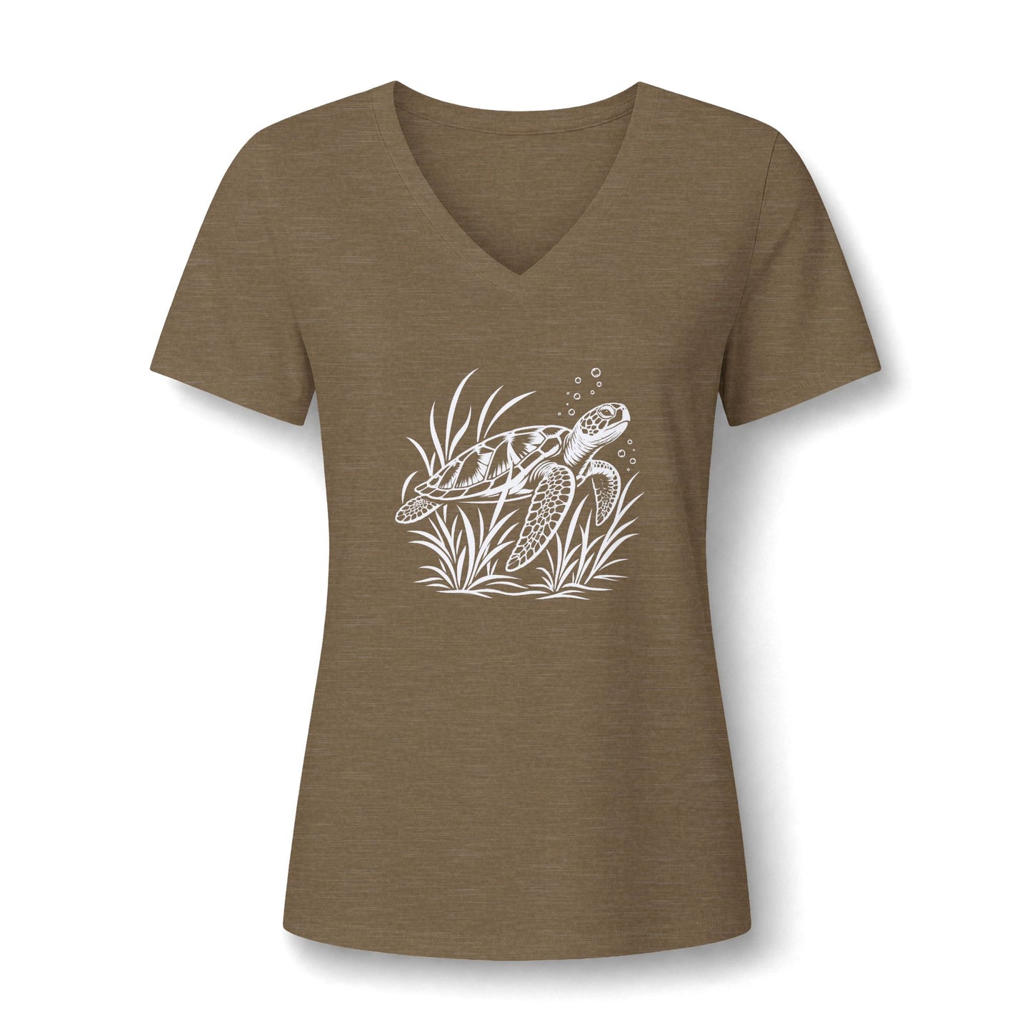 Sea Turtle V-Neck Tee — Women's Relaxed Heather Tee with White Sea Turtle Graphic