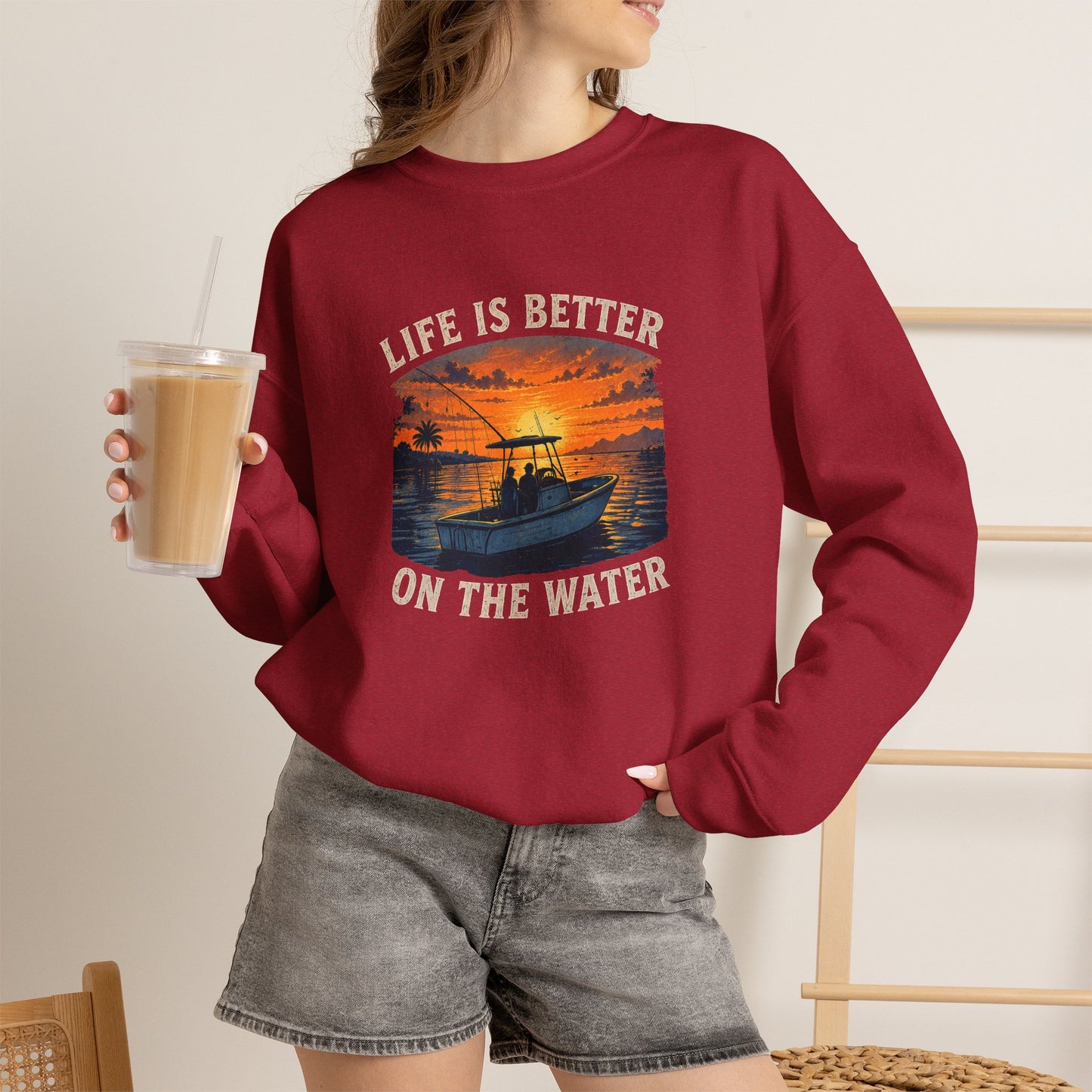 "Life Is Better On The Water" Crewneck Sweatshirt -Boat Sunset Graphic
