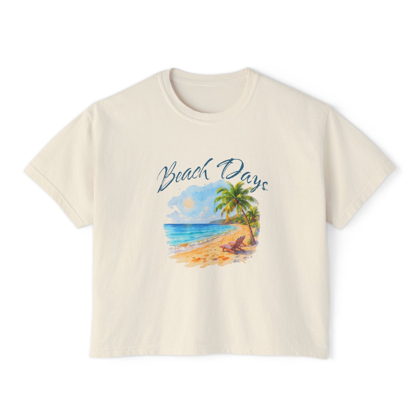 Beach Days Boxy Tee — Tropical Palm Beach Graphic for Women
