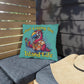 Decorative pillow with a parrot design and 'Just Living the Island Life' text on a wooden bench.