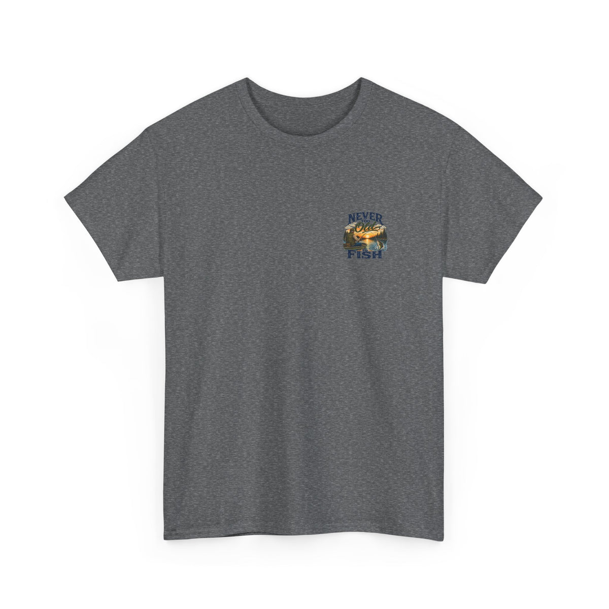 T-Shirt — "Never Too Old to Fish" Fishing Tee (Sunset Lake Design)
