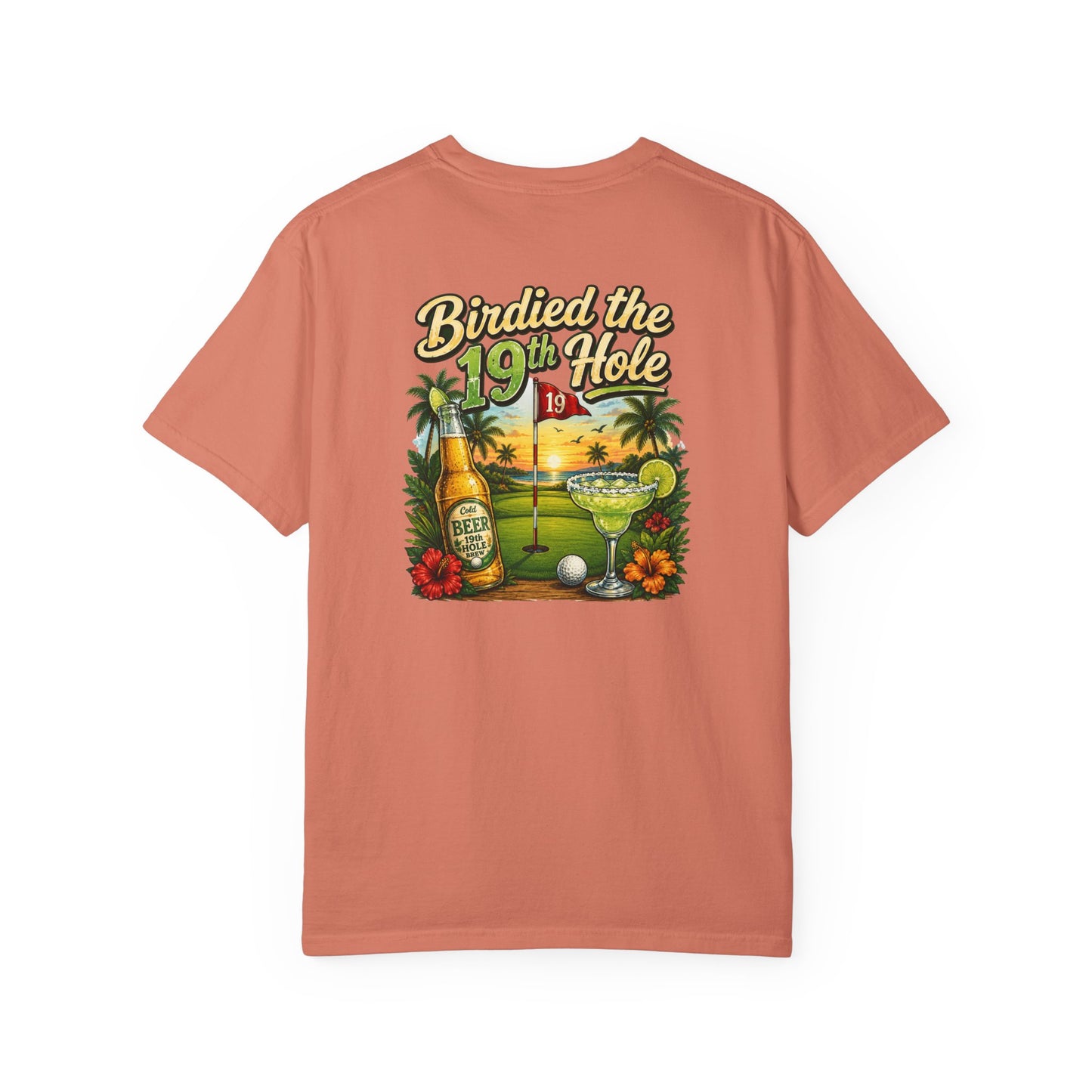 Golf T-Shirt — 'Birdied the 19th Hole' Tropical Golf Beer Design