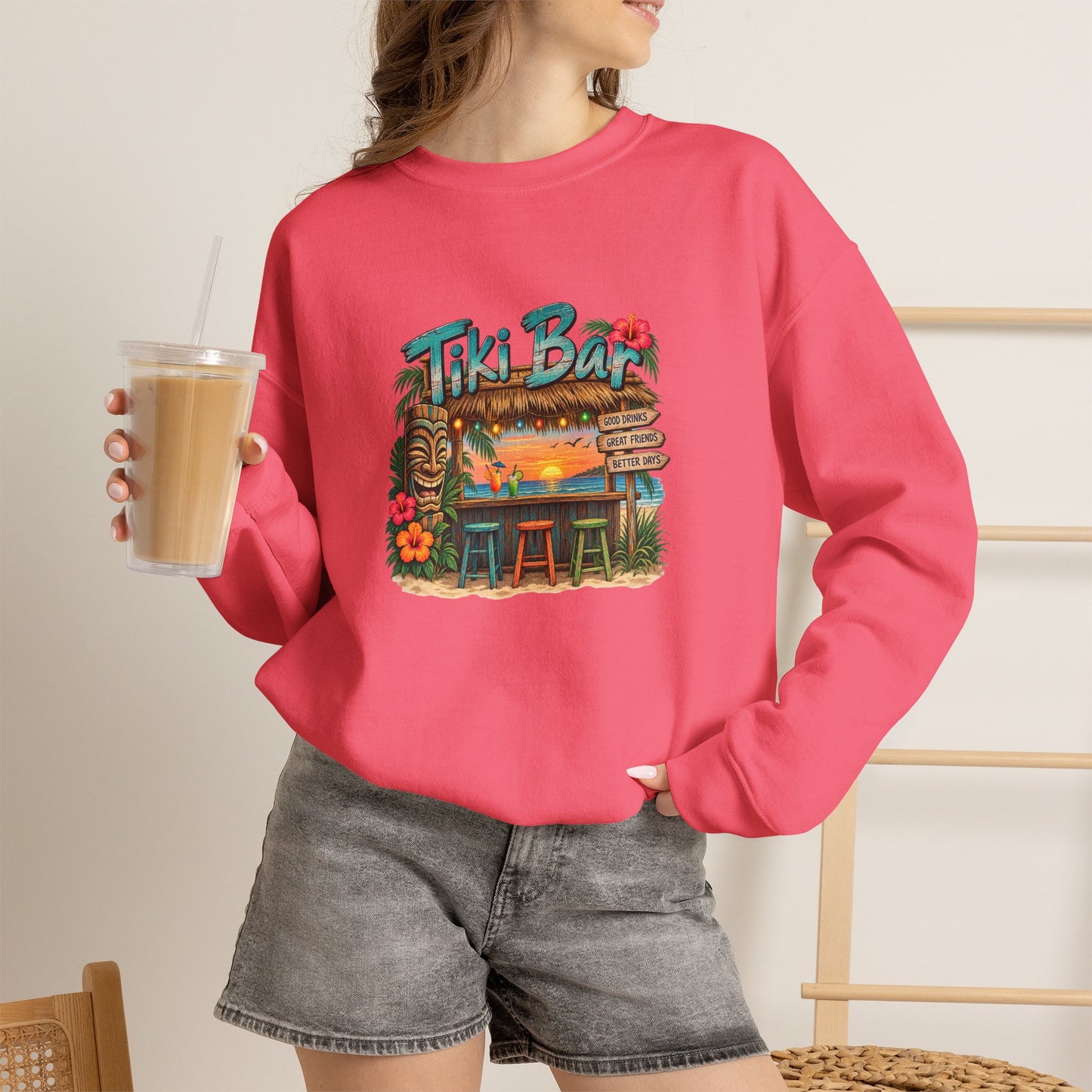Tiki Bar Crewneck Sweatshirt — Retro Tropical Sunset Design