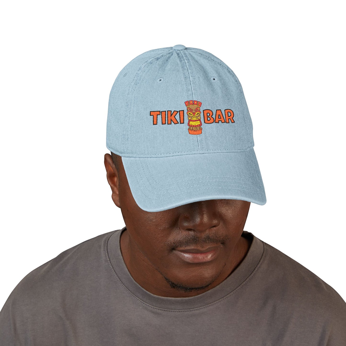 Tiki Bar Embroidered Hat — Vintage Tiki Totem Denim Baseball Cap