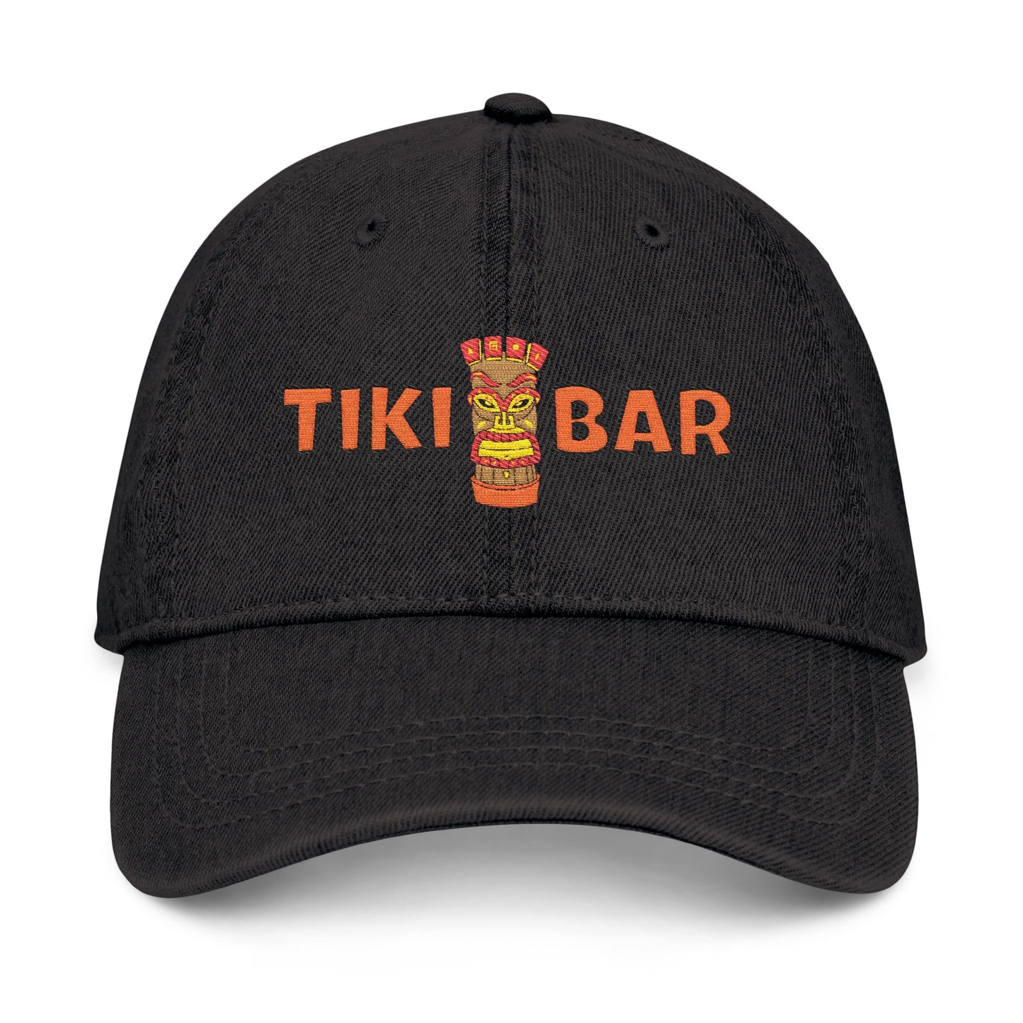 Tiki Bar Embroidered Hat — Vintage Tiki Totem Denim Baseball Cap