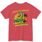 Red t-shirt with a parrot graphic and text on the back, on a white background