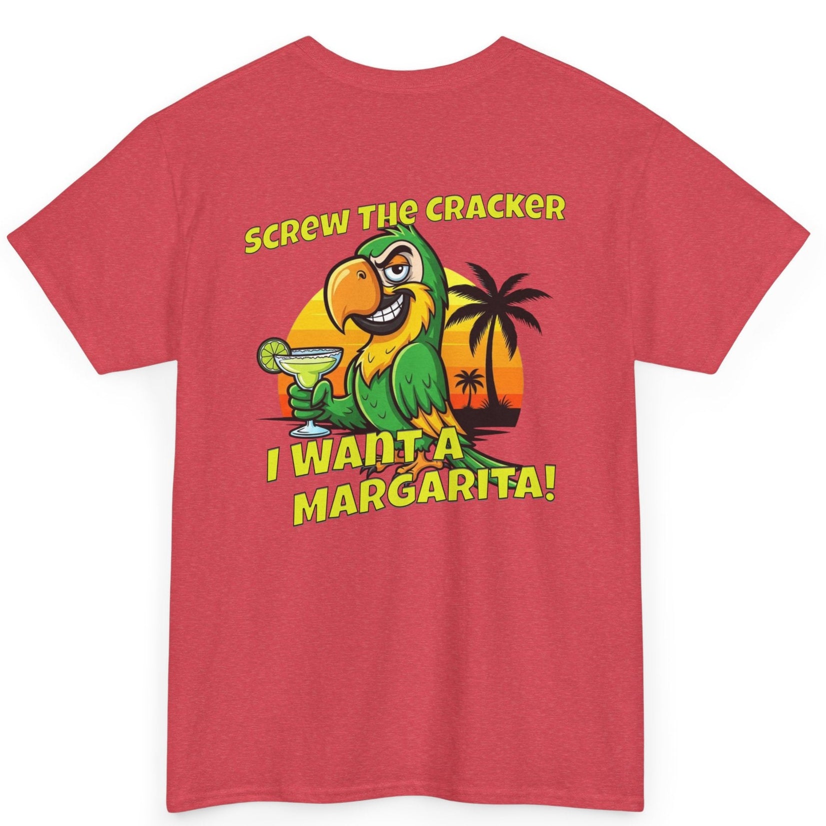 Red t-shirt with a parrot graphic and text on the back, on a white background