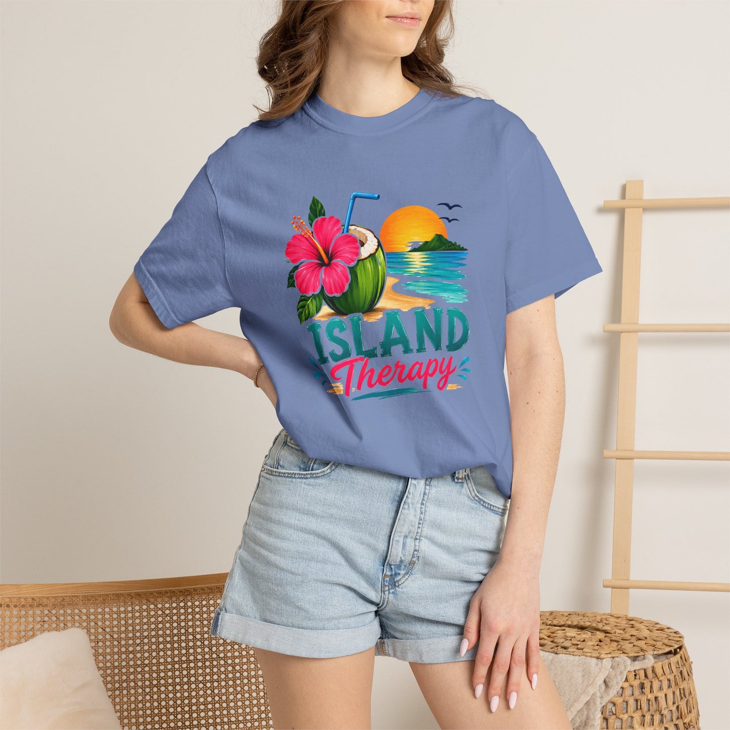Island Therapy T‑Shirt — Tropical Sunset Coconut Drink Beach Tee