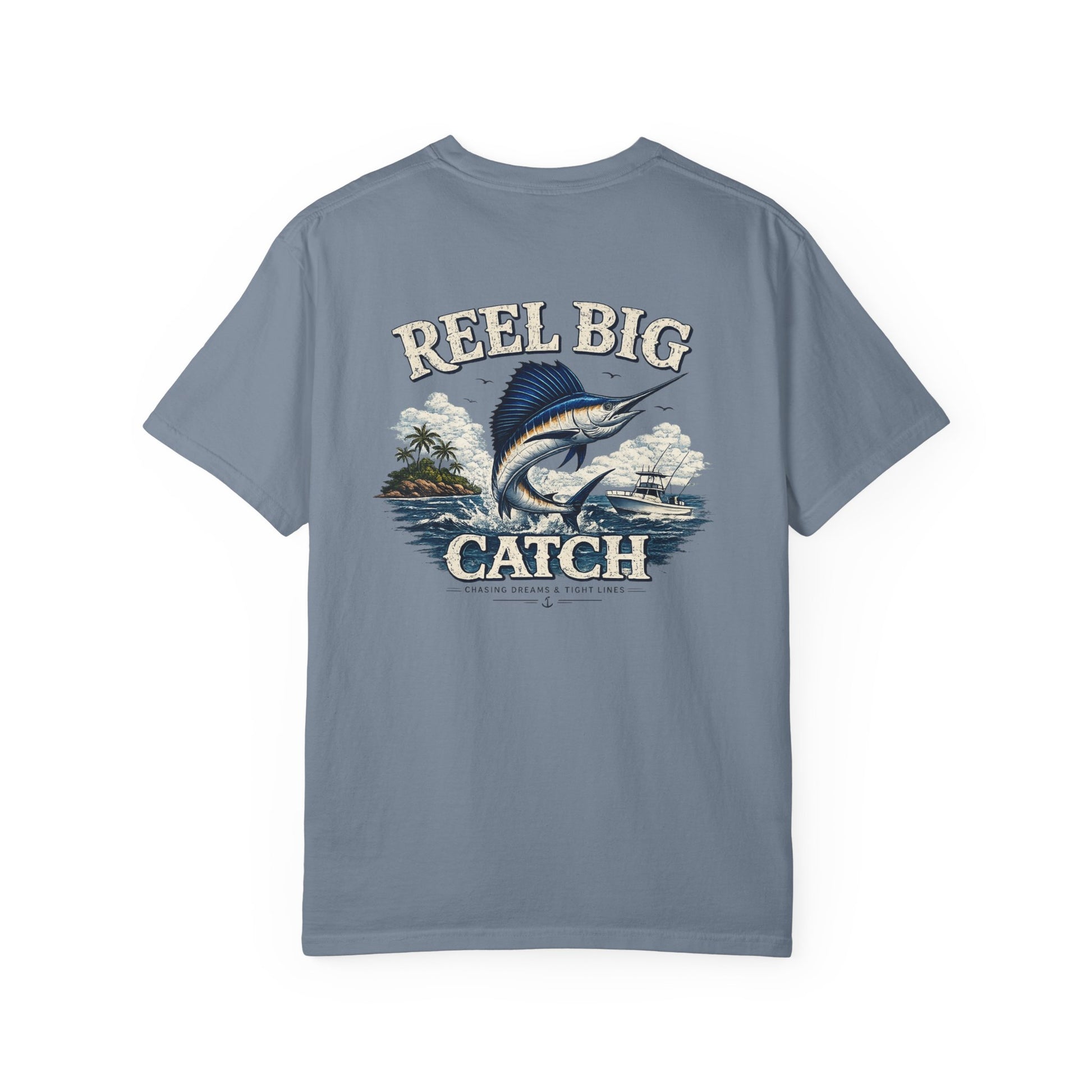 Blue t-shirt with 'Reel Big Catch' graphic design on a white background