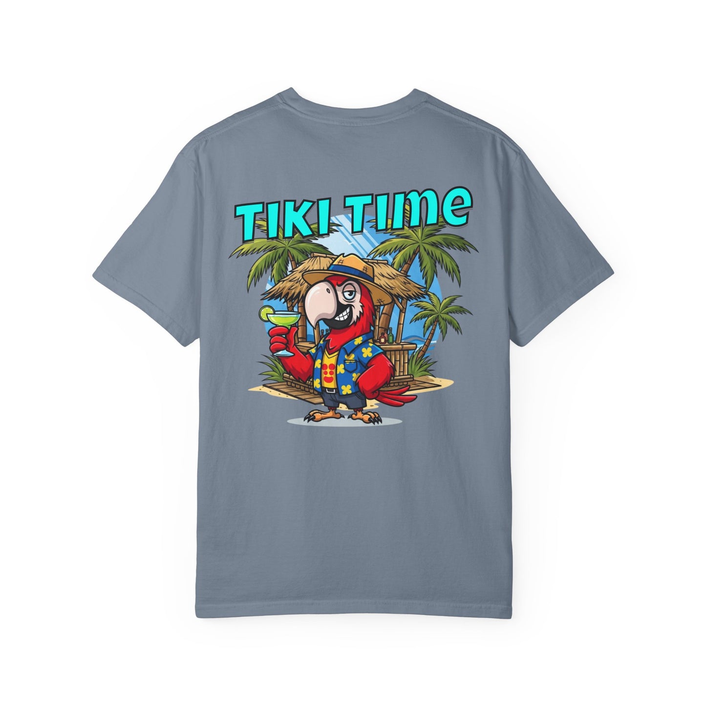 Gray t-shirt with a tropical graphic and 'Tiki Time' text on a white background