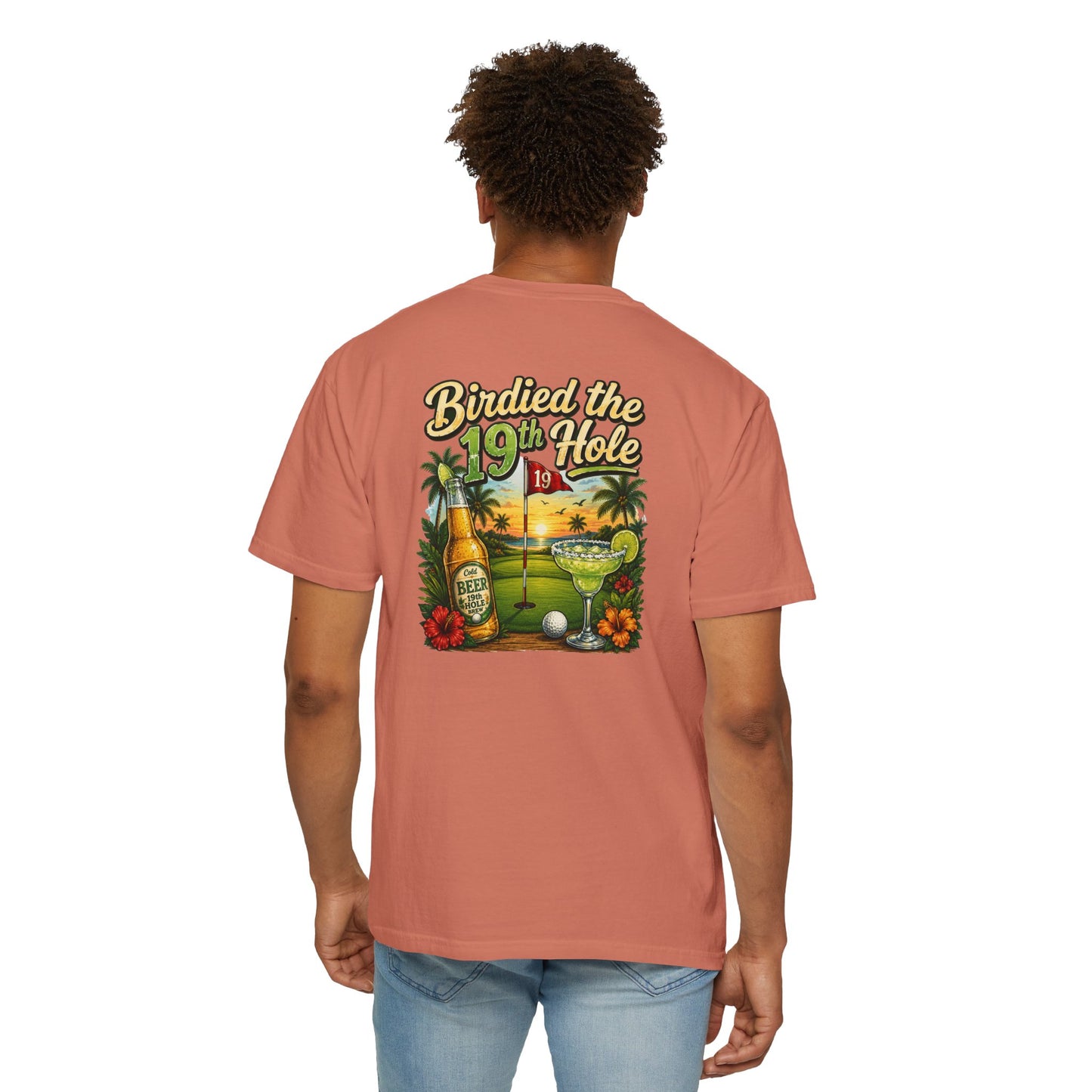 Golf T-Shirt — 'Birdied the 19th Hole' Tropical Golf Beer Design