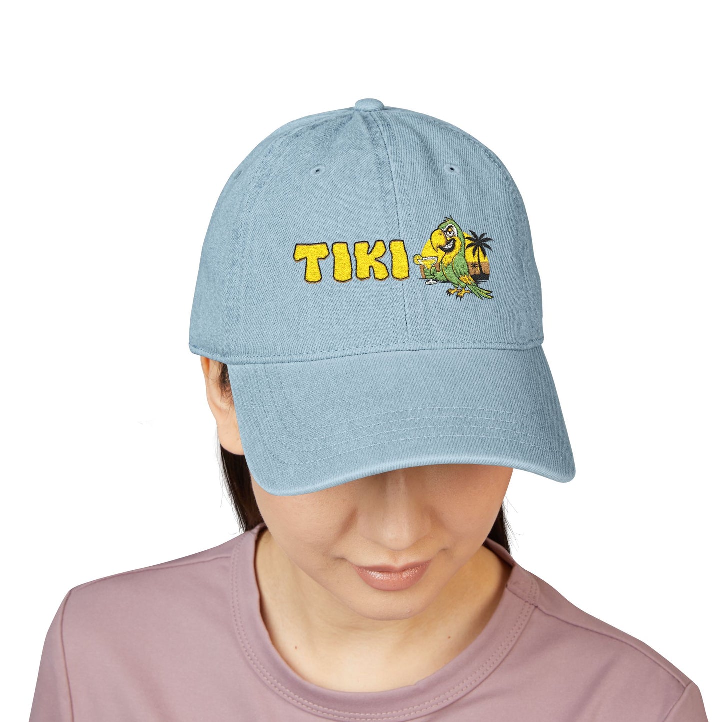 Tiki Embroidered Denim Hat — Tropical Surf Cap