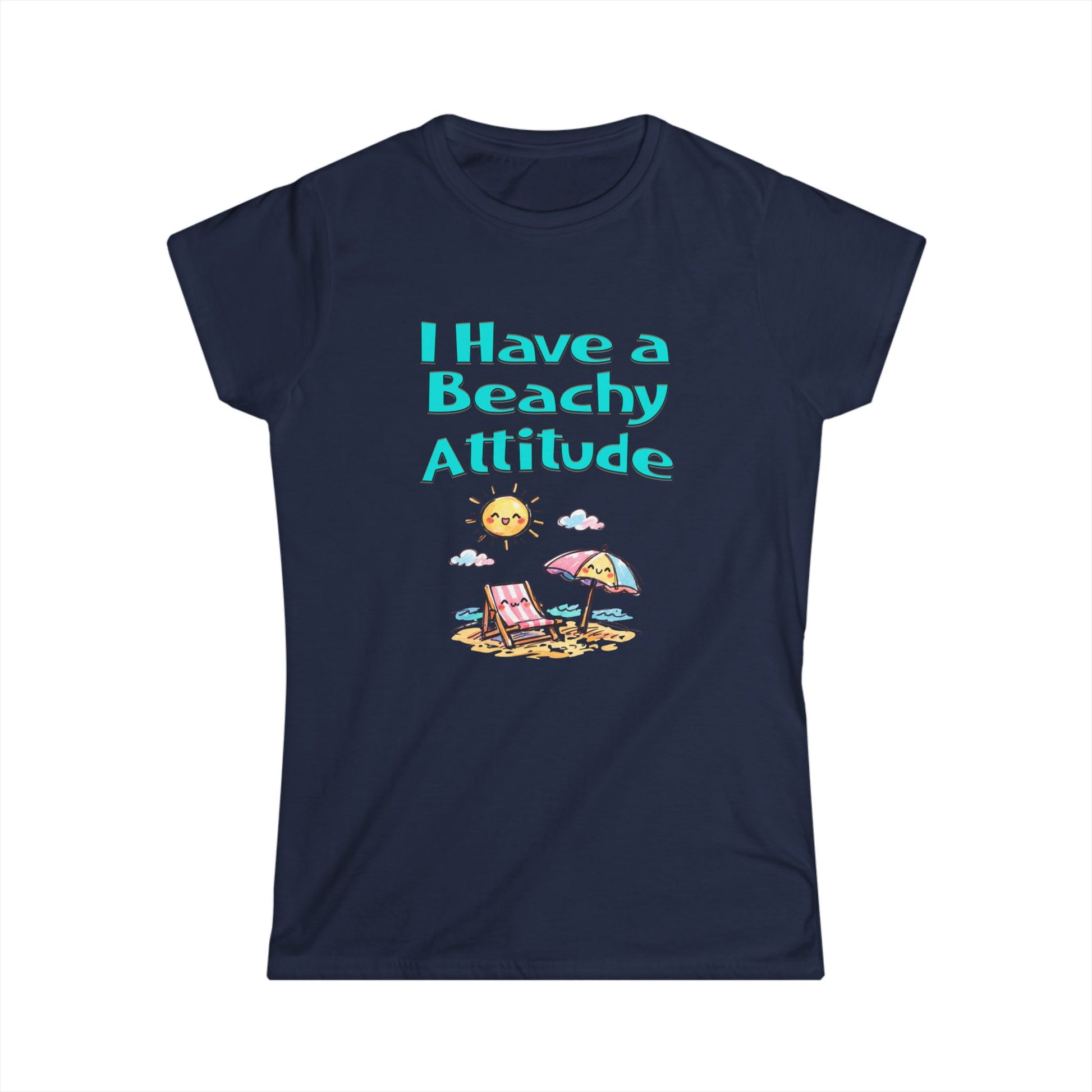 Navy blue t-shirt with 'I Have a Beachy Attitude' text and beach graphics on a white background