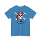 Blue t-shirt with a skull and crossbones design on the back, featuring a red bandana and shark graphic.