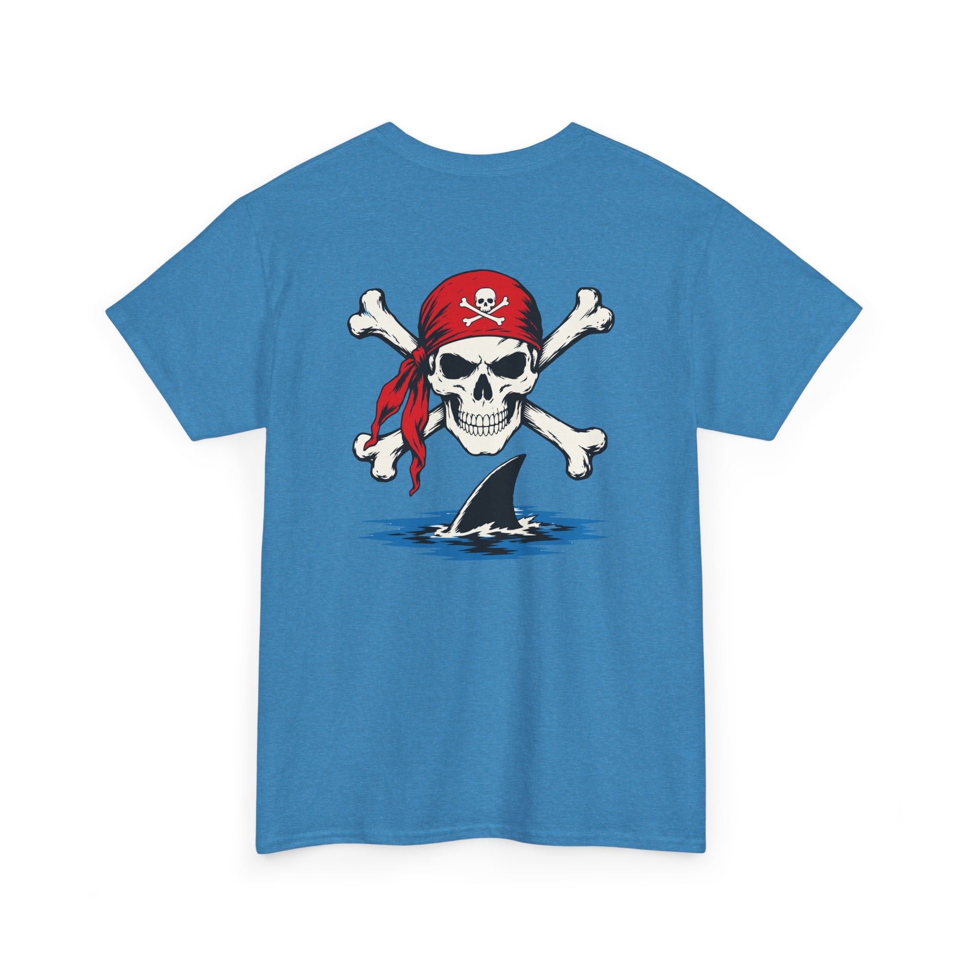 Blue t-shirt with a skull and crossbones design on the back, featuring a red bandana and shark graphic.