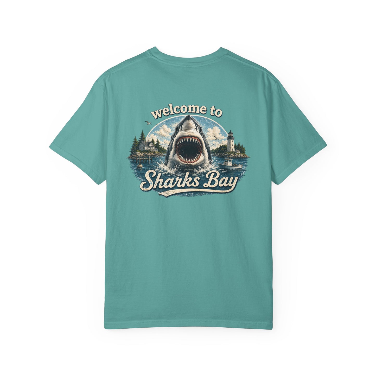 Sharks Bay T-Shirt — "Welcome to Sharks Bay" Vintage Shark Graphic Tee