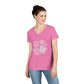 Pink V-neck graphic T-shirt with flip-flop design and beach-style text.