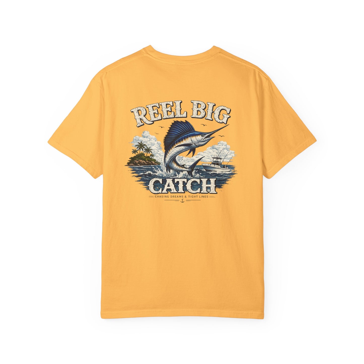 Yellow t-shirt with 'Reel Big Catch' graphic on a white background