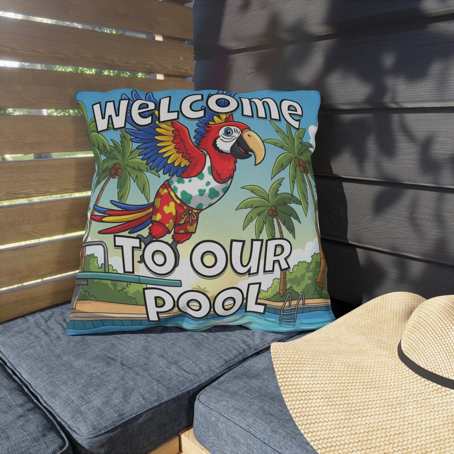 Welcome To Our Pool Outdoor Pillow — Tropical Parrot Poolside Decorative Cushion