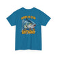 Blue t-shirt with barracuda graphic and text on a white background