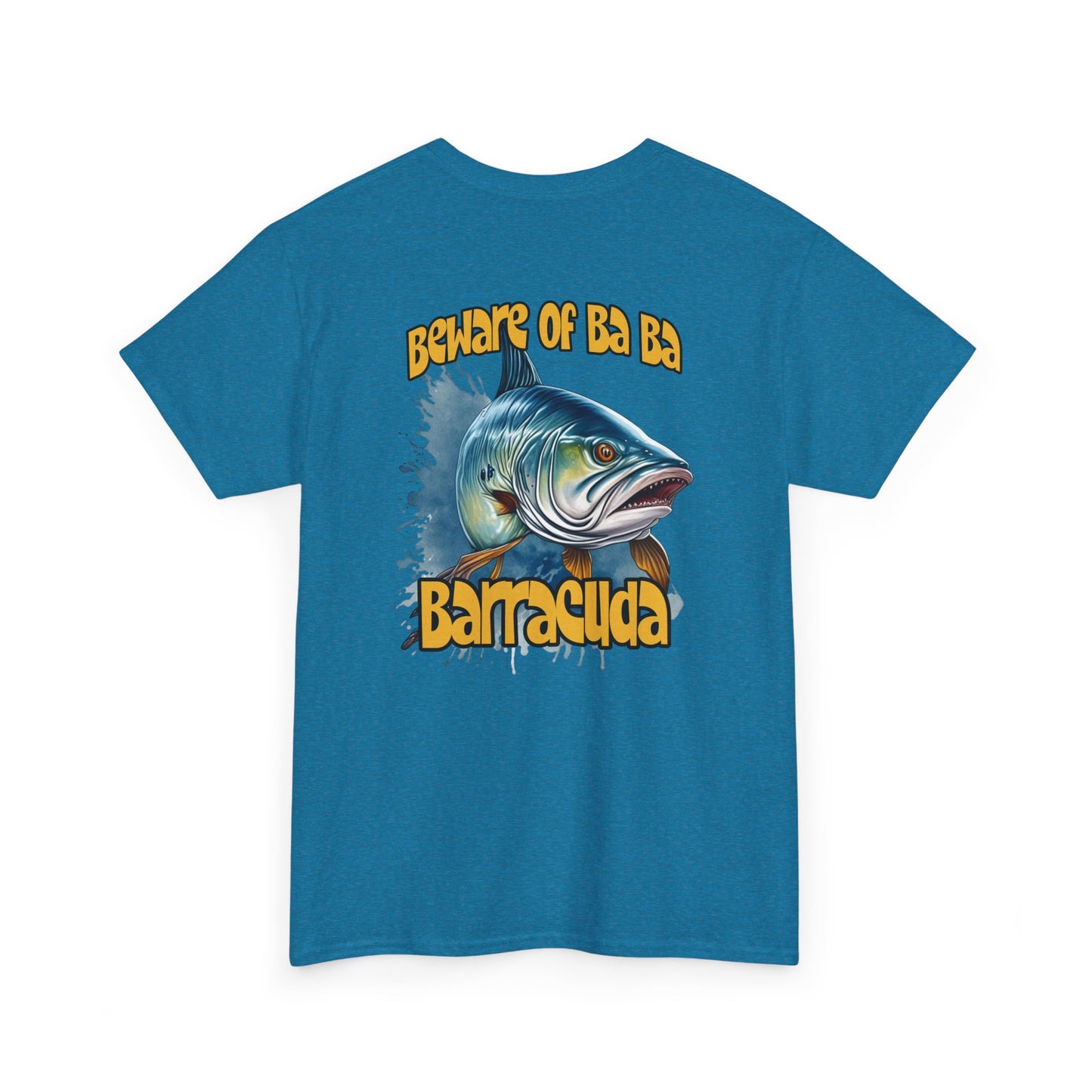 Blue t-shirt with barracuda graphic and text on a white background