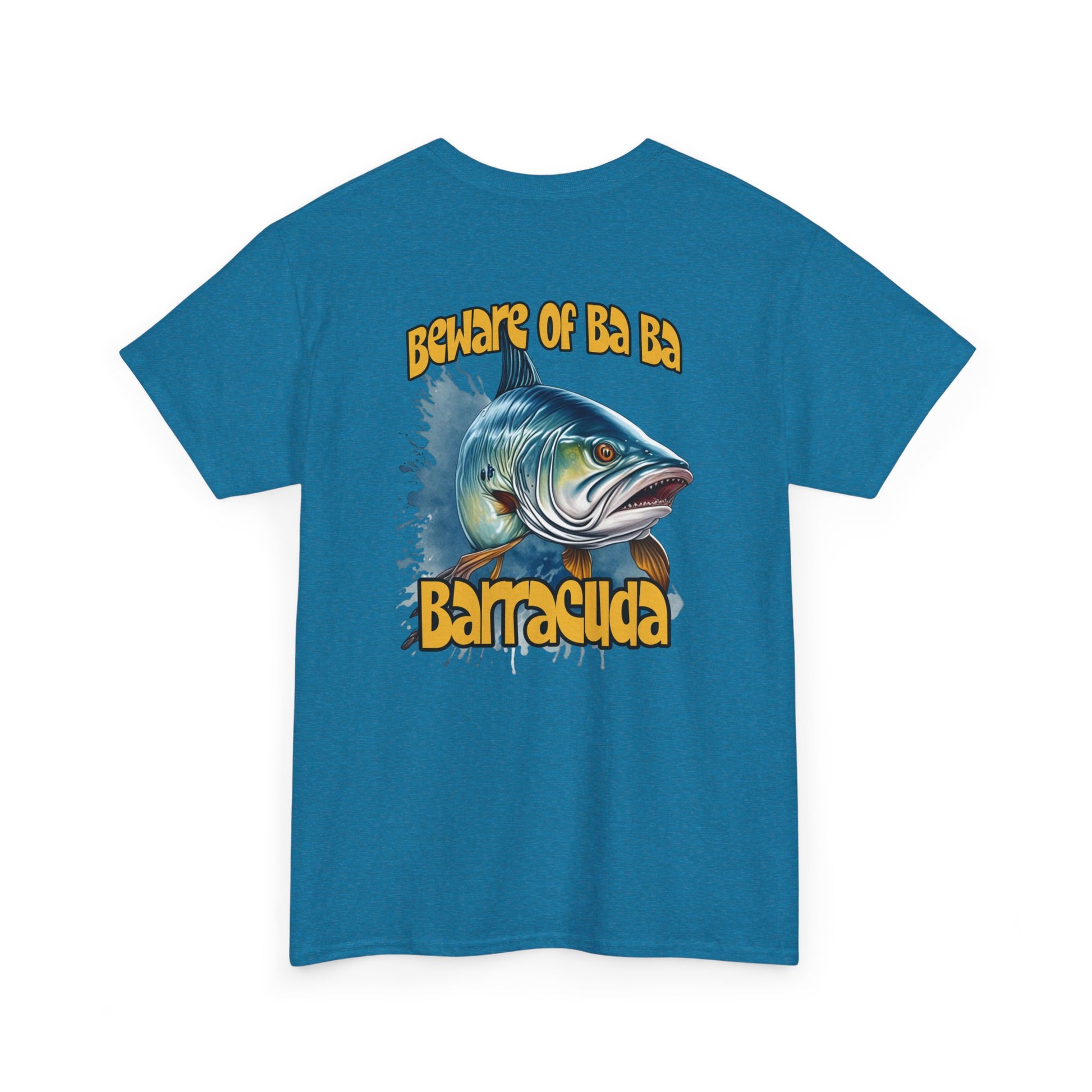 Blue t-shirt with barracuda graphic and text on a white background