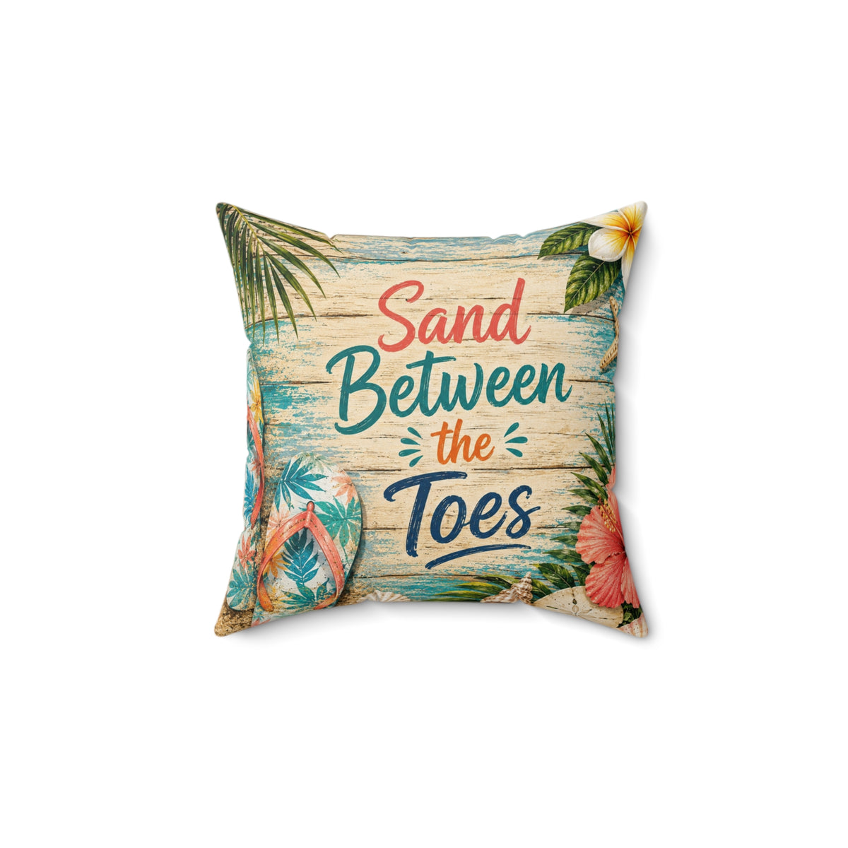 Square spun-polyester pillow with tropical “Sand Between the Toes” print, beige teal mix