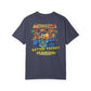 Navy blue t-shirt with a colorful tiki bar graphic and text on the back