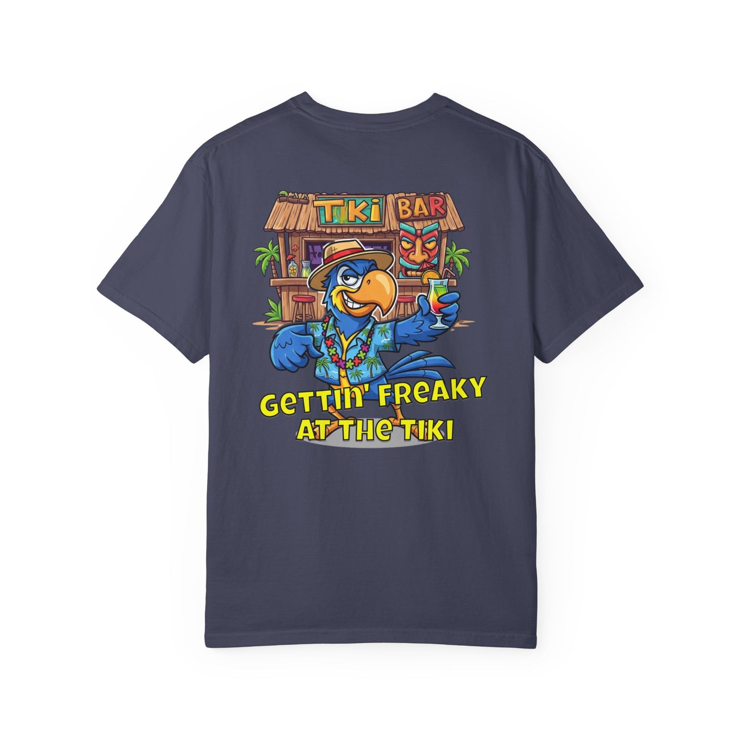 Navy blue t-shirt with a colorful tiki bar graphic and text on the back