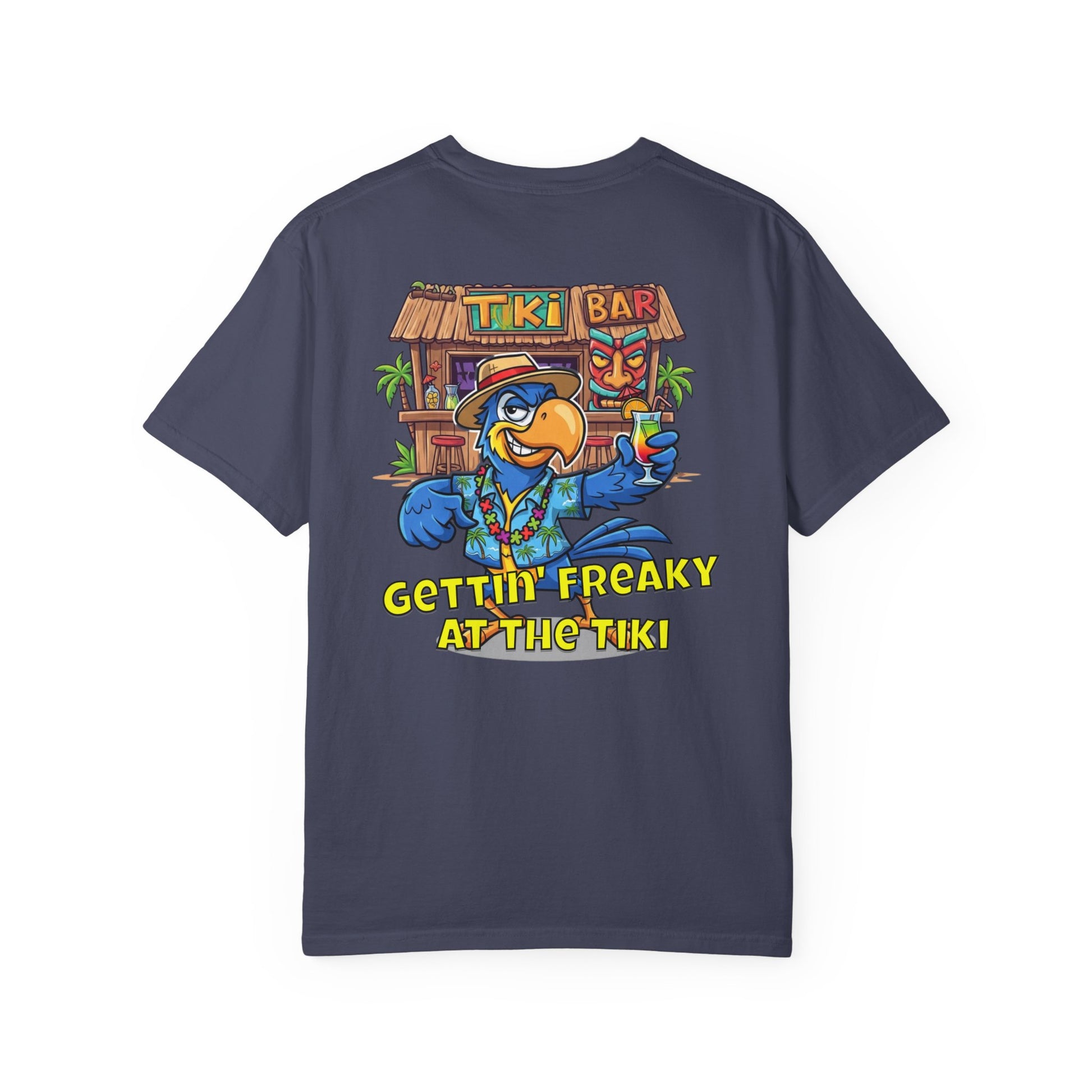 Navy blue t-shirt with a colorful tiki bar graphic and text on the back