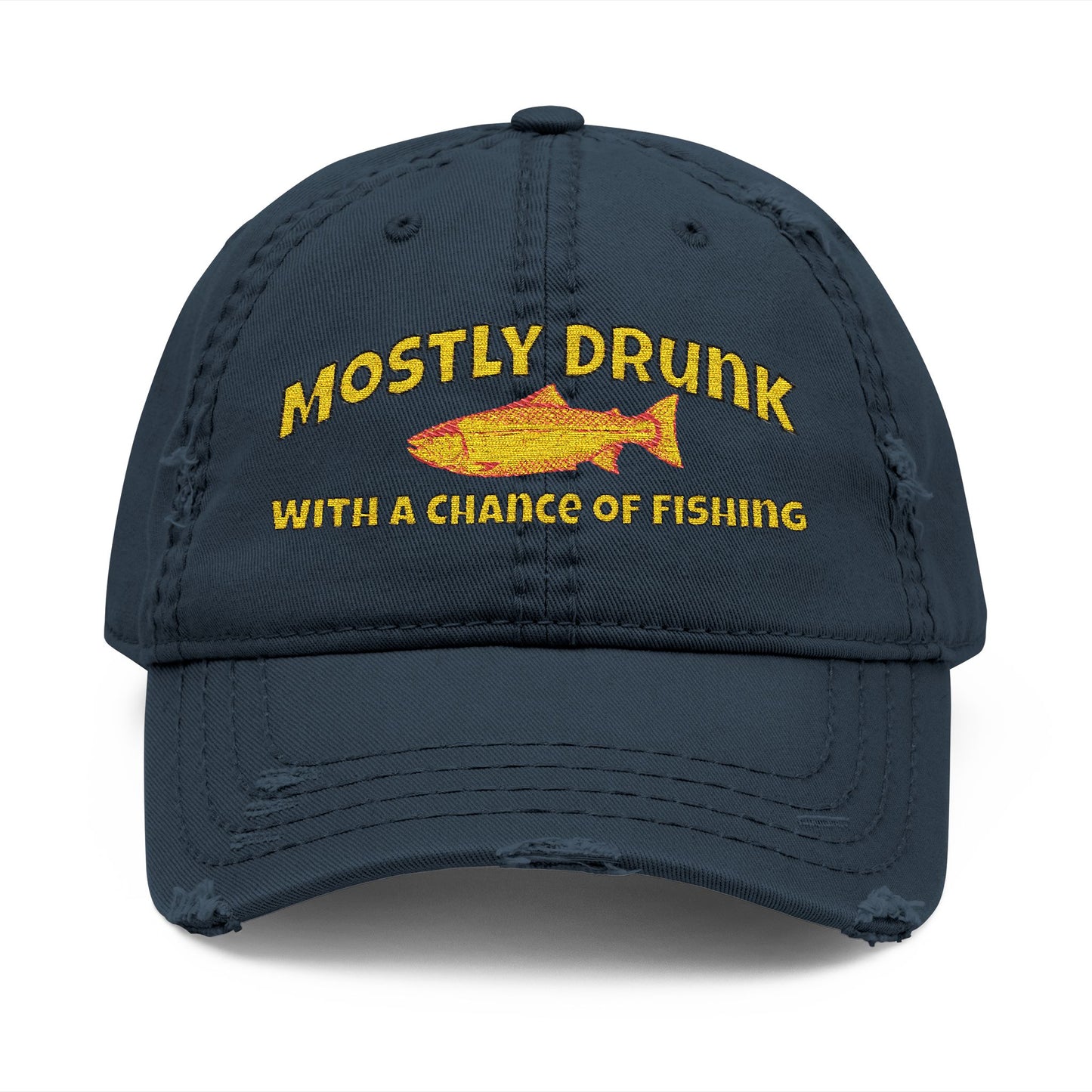 Navy blue cap with yellow text and fish graphic on a white background