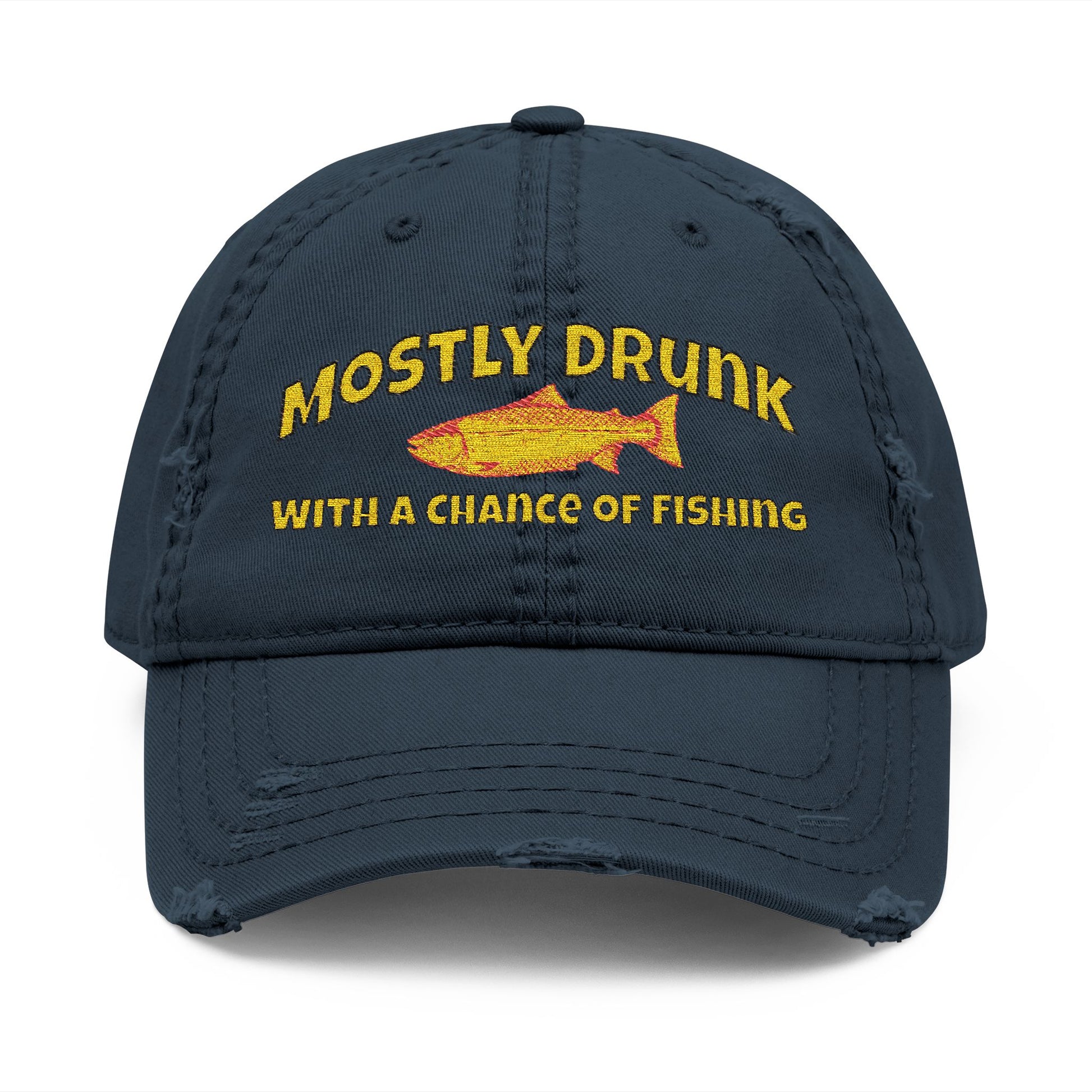 Navy blue cap with yellow text and fish graphic on a white background
