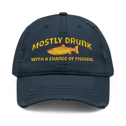 Navy blue cap with yellow text and fish graphic on a white background