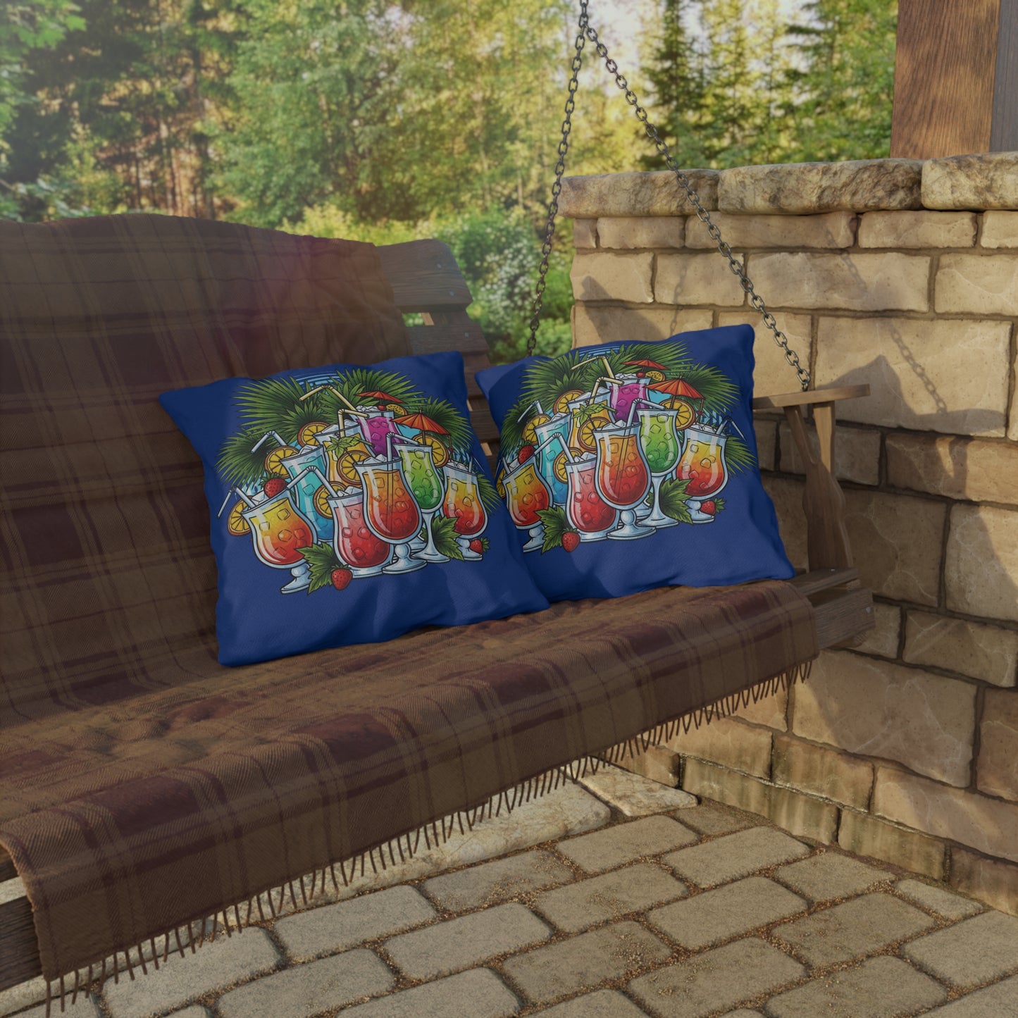 Navy Blue Tropical Cocktail Outdoor Pillow