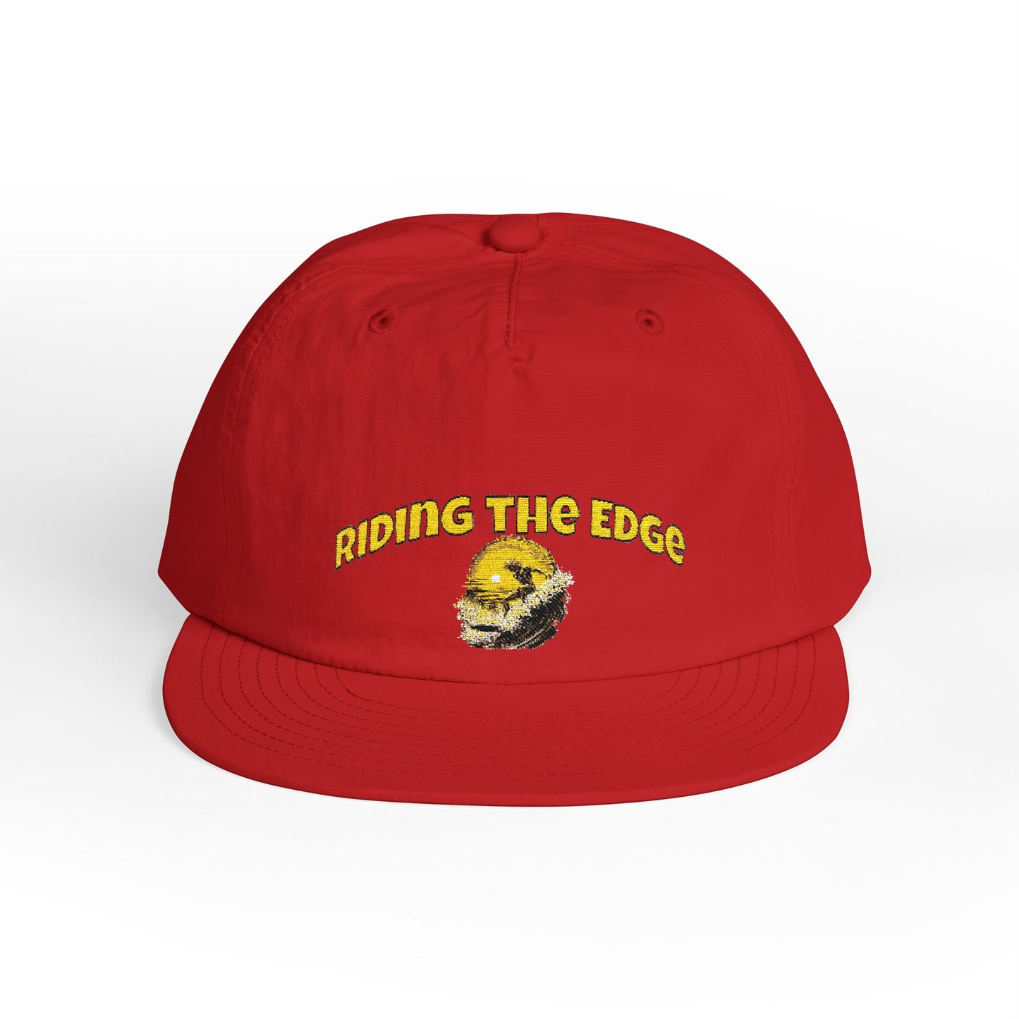 Red cap with 'Riding the Edge' text and logo on a white background