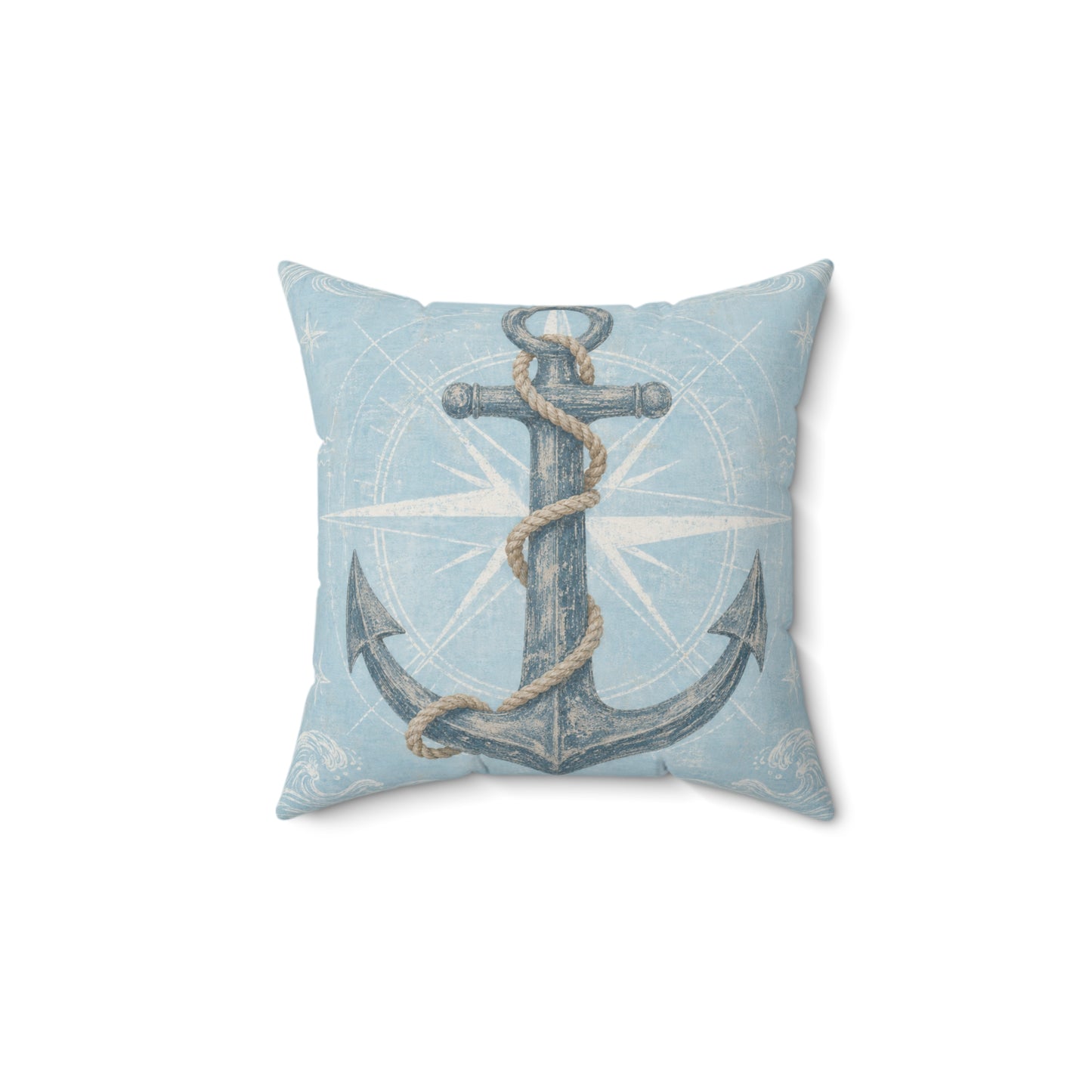Light blue square pillow featuring central anchor illustration with rope