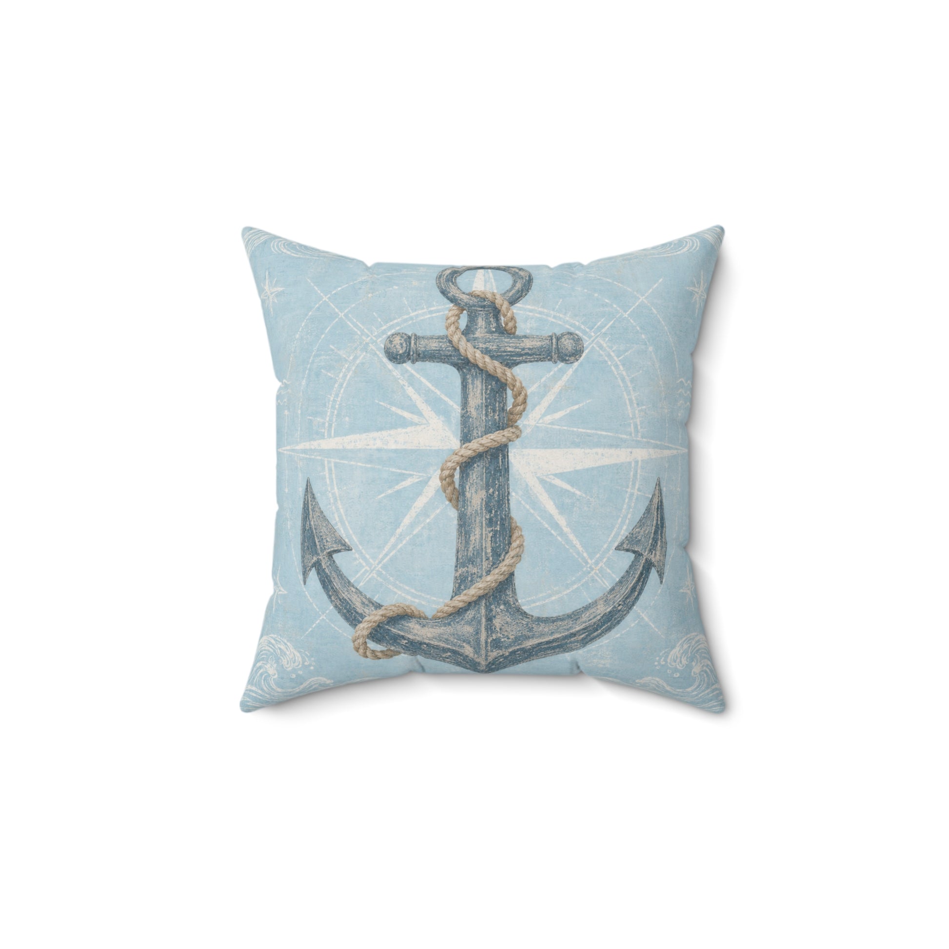 Light blue square pillow featuring central anchor illustration with rope