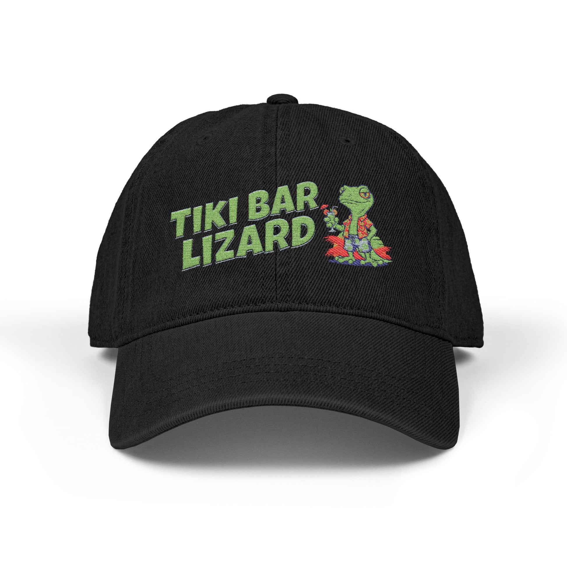 Black cap with 'Tiki Bar Lizard' text and graphic on a white background