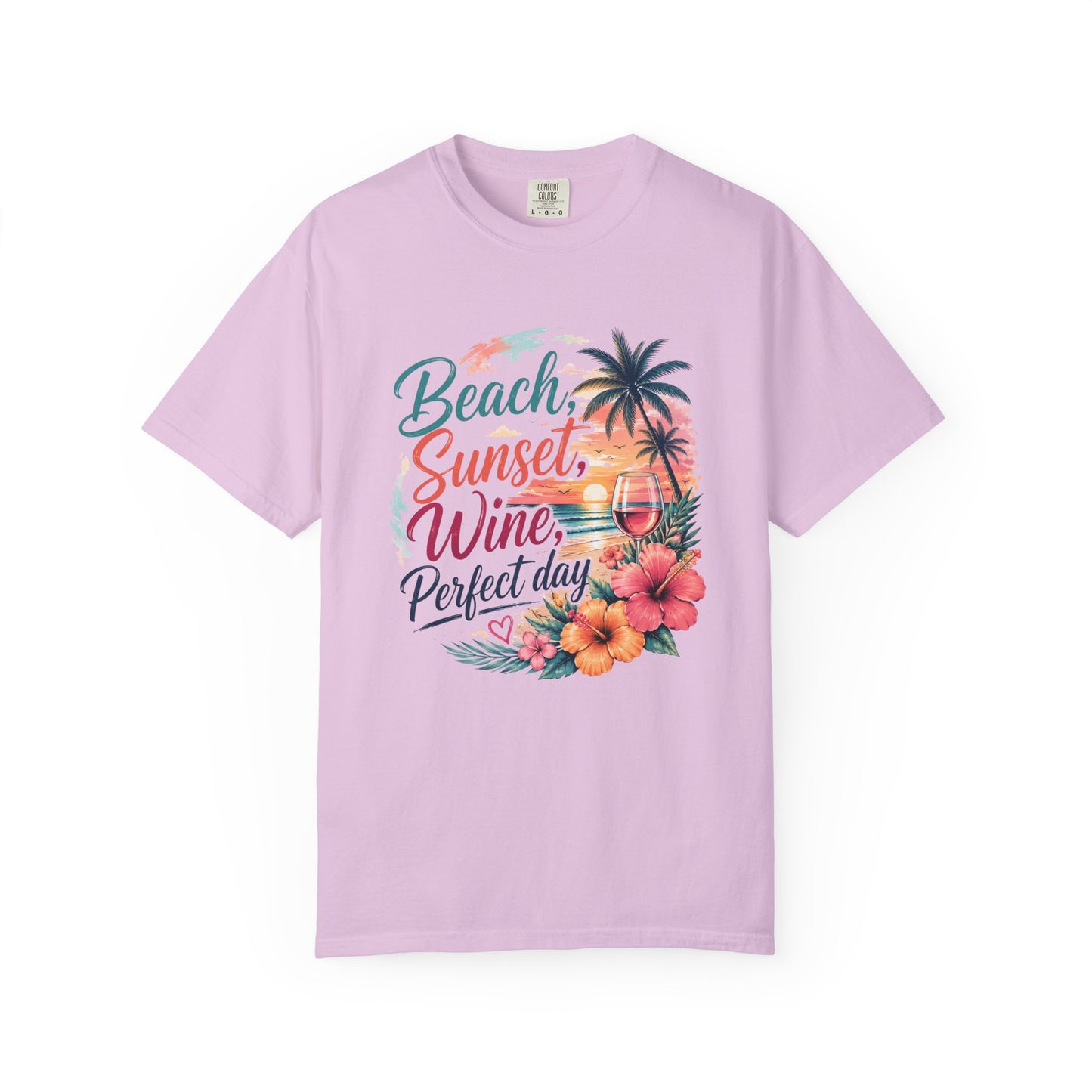 Beach Sunset Wine T-Shirt — "Beach, Sunset, Wine, Perfect Day" Tropical Graphic Tee