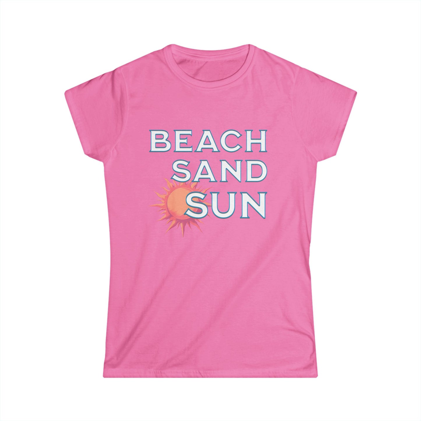 Pink t-shirt with 'Beach Sand Sun' text and sun graphic on a white background