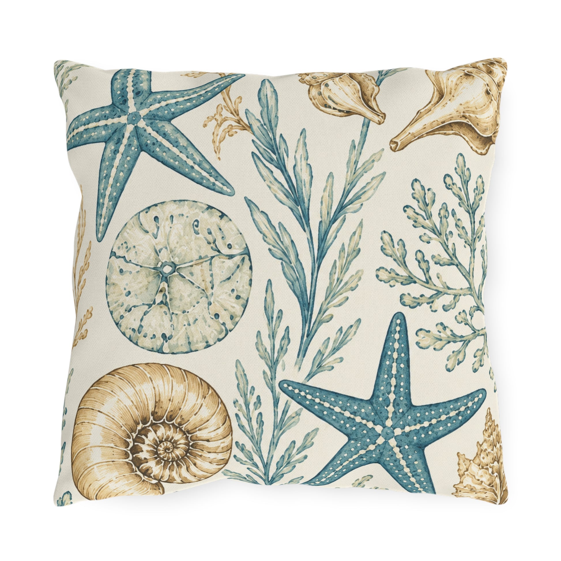 A square throw pillow featuring a nautical-themed print with blue starfish, seashells, coral, and a sand dollar on an off-white background.