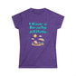 Purple t-shirt with beach-themed design and text on a white background