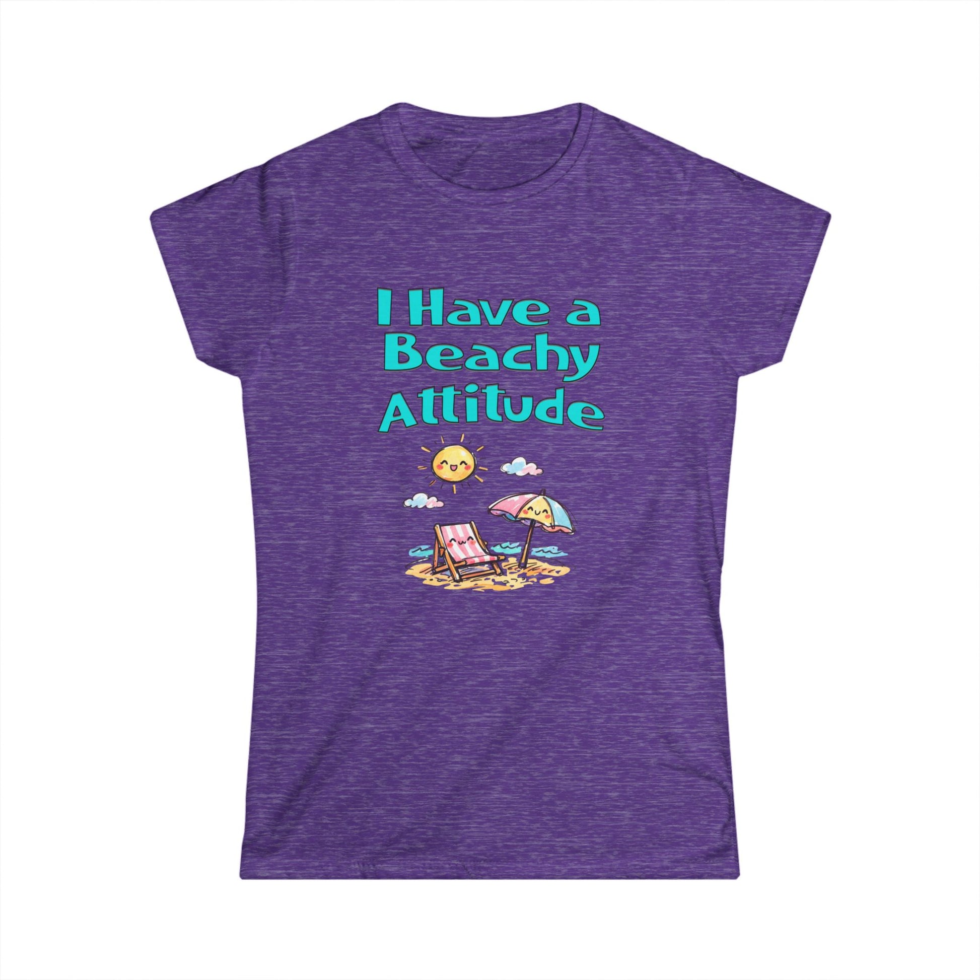 Purple t-shirt with beach-themed design and text on a white background
