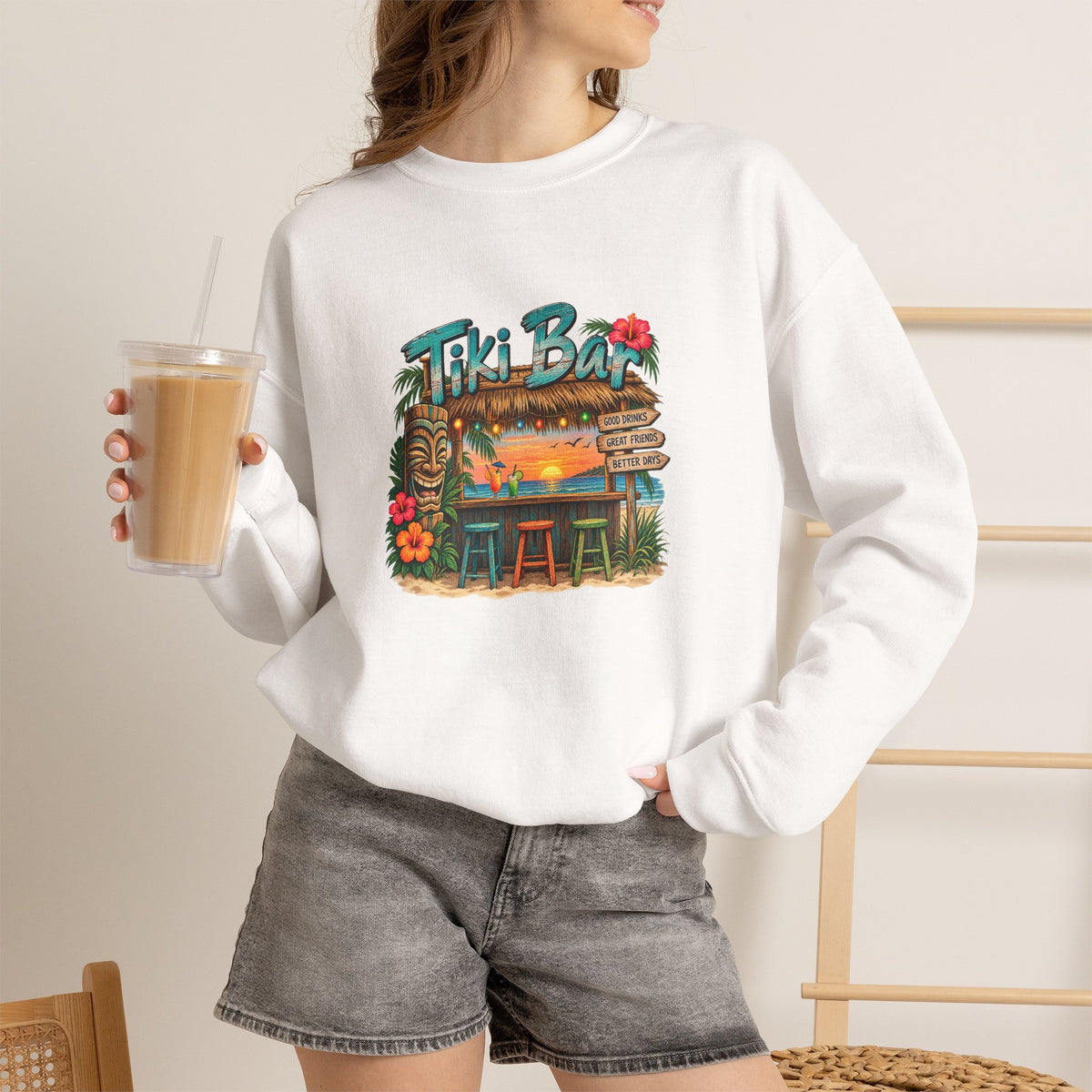 Tiki Bar Crewneck Sweatshirt — Retro Tropical Sunset Design