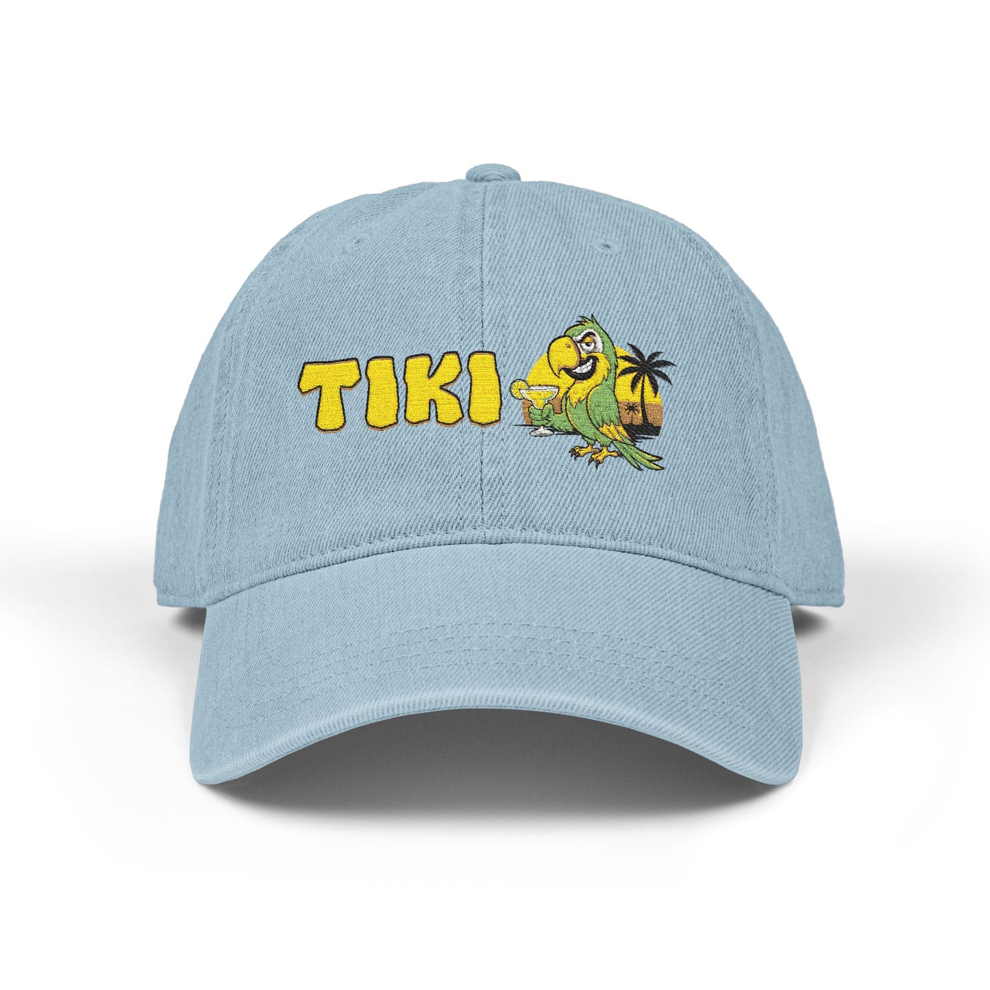 Light blue cap with 'TIKI' and a cartoon character on a white background